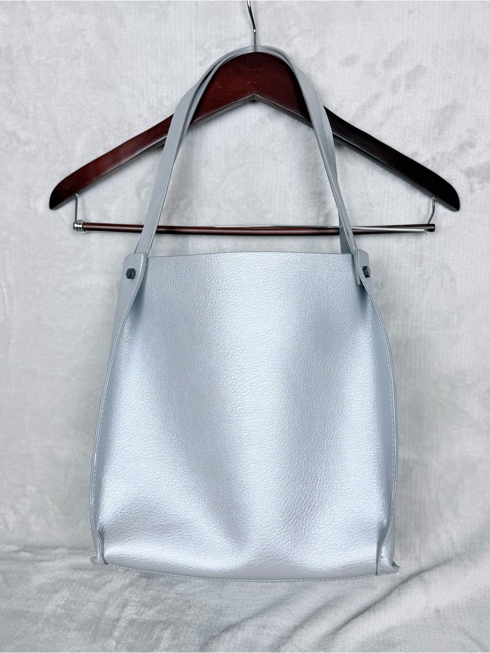 Neiman Marcus Metallic Silver Faux Leather Large Shoulder Tote Bag